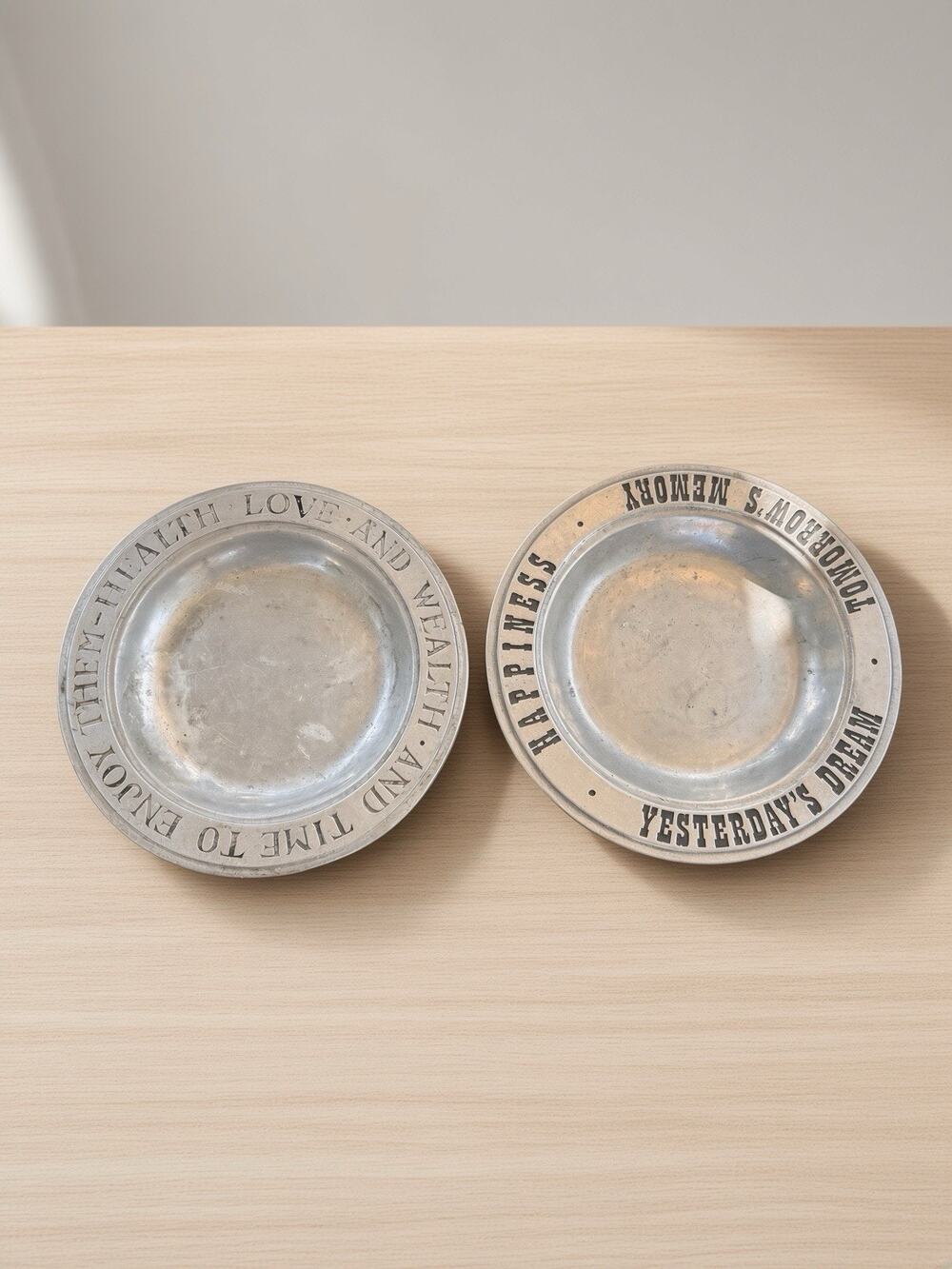 2 Metal RWP Pewter Plates Love Wealth Time Antique Bradford Troy Pa Happiness